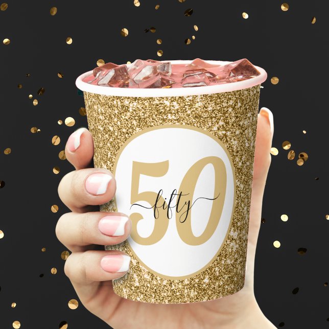 Gobelets En Papier White & Gold Parties scintillant 50 Cinquante ans  (gold glitter 50th birthday party paper cup)