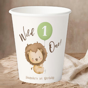 Gobelets En Papier Wild One Lion Sage Green Balloon Boy 1er anniversa