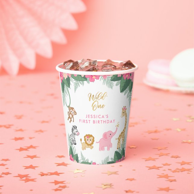 Gobelets En Papier Wild ONE - Pink Safari Girl's premier anniversaire (Insitu)