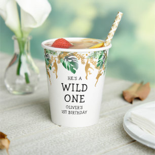 Gobelets En Papier Wild One Safari 1er Anniversaire Vert Or Blanc
