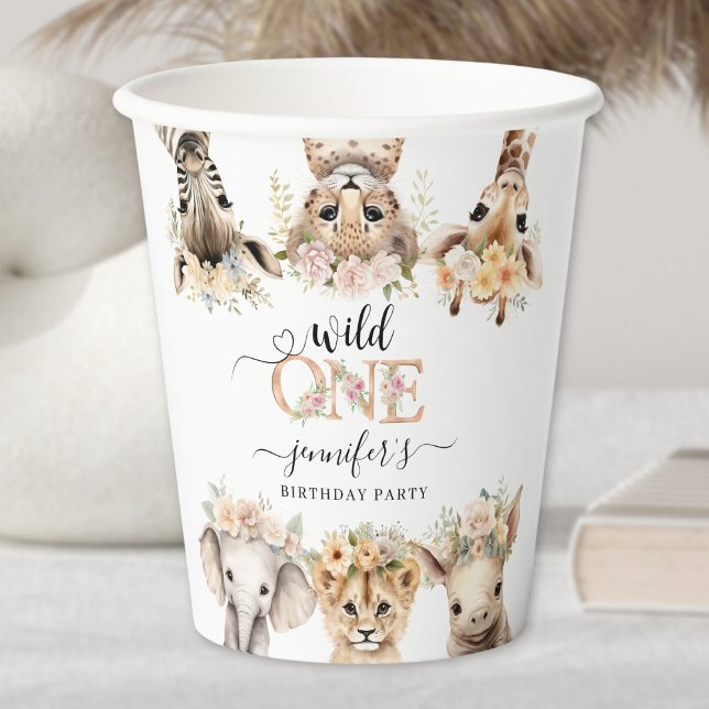 Gobelets En Papier Wild One Safari Animaux Fille 1er Anniversaire Pap (Créateur téléchargé)