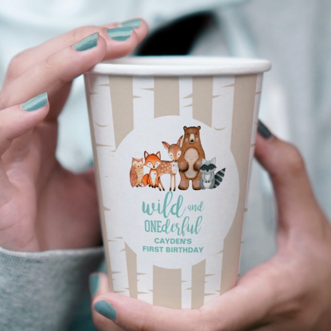 Gobelets En Papier Wild One Woodland Animal Birbtree Premier annivers (Créateur téléchargé)