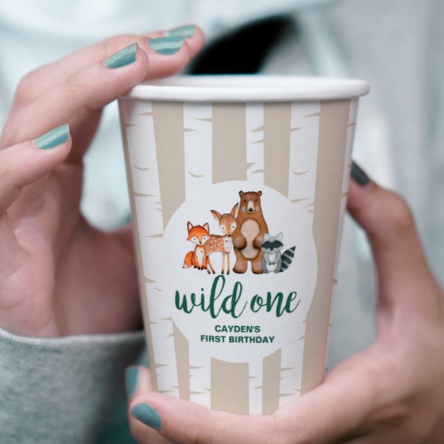 Gobelets En Papier Wild One Woodland Animal Birbtree Premier annivers (Créateur téléchargé)