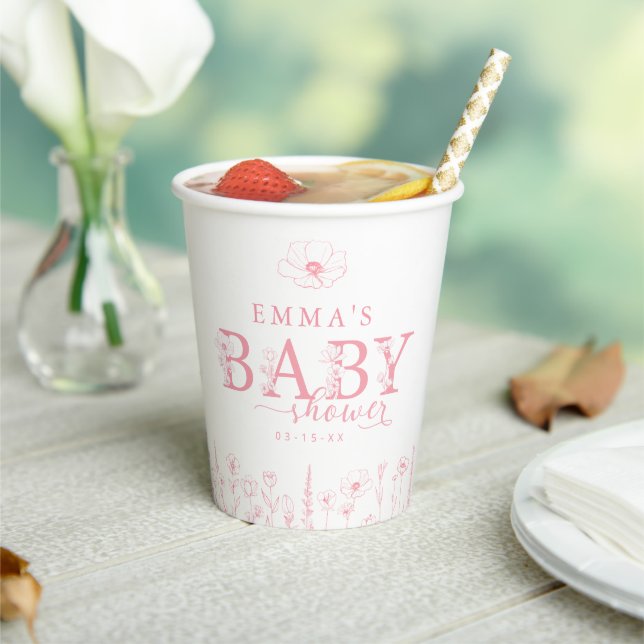 Gobelets En Papier Wildflower Baby Shower | Pink Floral Paper Cup (Insitu)