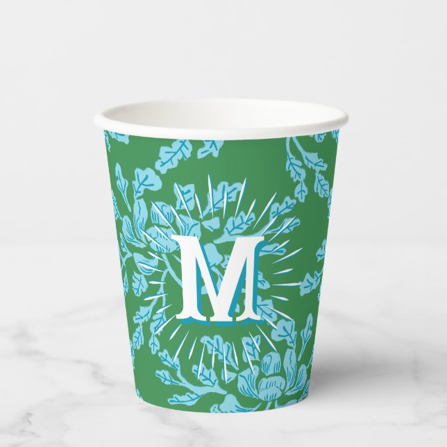 Gobelets En Papier Winding Peony Woodcut in Green + Aqua Personalized (Recto)