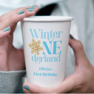 Gobelets En Papier Winter Onederland Bleu Or Flocon de Neige 1er Anni