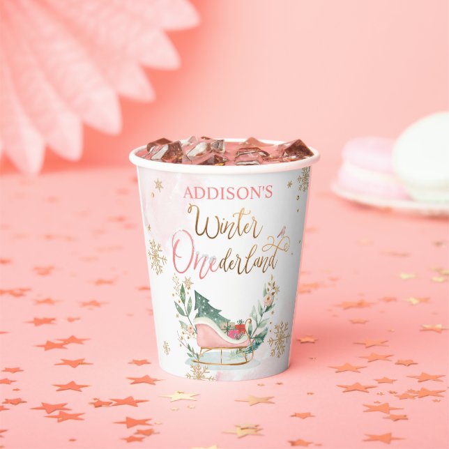 Gobelets En Papier Winter Onederland Party Rose Gold Girl Anniversair (Insitu)