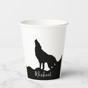 Gobelets En Papier Wolf Pop Art Votre Nom Personnalisé Noir Blanc