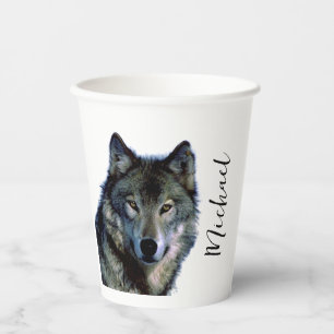 Gobelets En Papier Wolf Portrait Votre nom Écriture personnalisée