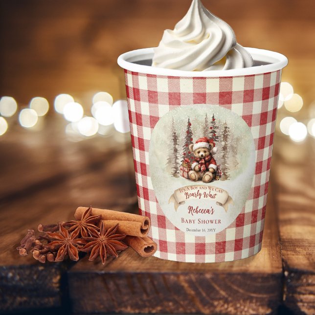 Gobelets En Papier Woodland Bear Bearly Wait Holiday Boy Baby shower ("It's A Boy and We Can Bearly Wait" Baby Shower rustic woodland Christmas invite design)