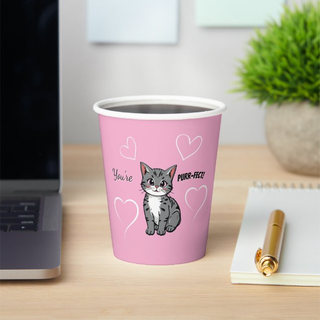 Gobelets En Papier You're Purr-fect Animated Cat and Hearts Pink (Insitu)