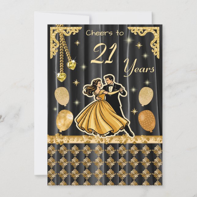 Gold 21st Birthday with Dancing Couple Invitation (Devant)