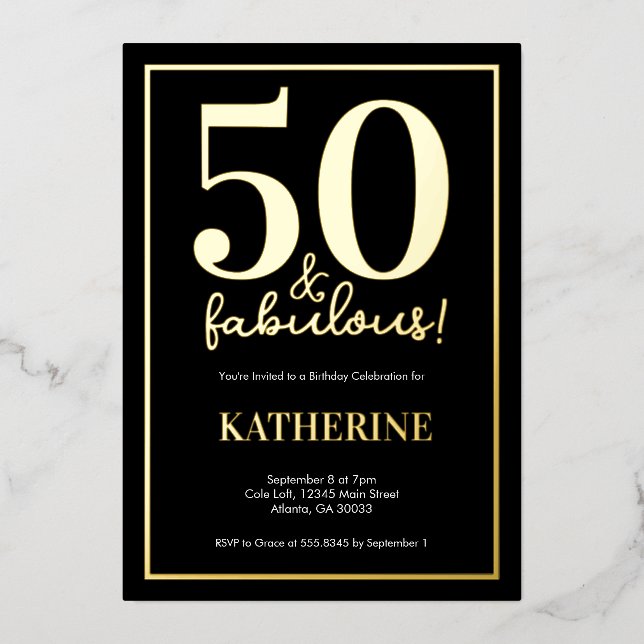 Gold 50 and Fabulous 50th Birthday Foil Invitation (Recto)