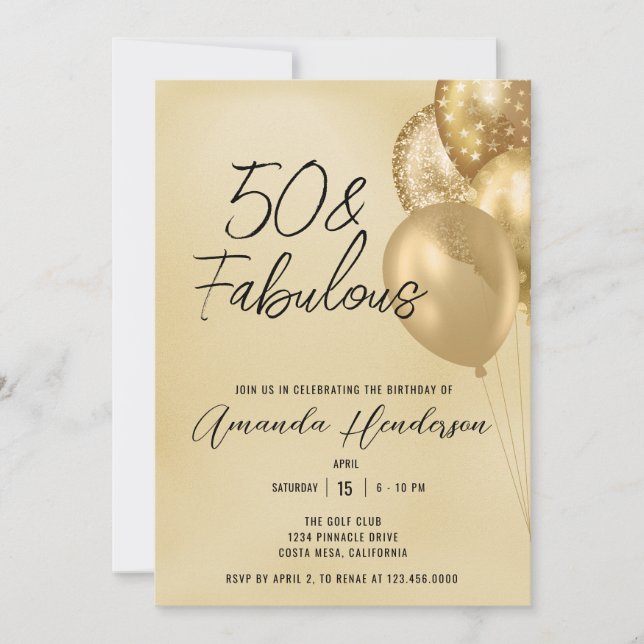 Gold 50th and Fabulous 50th Birthday Invitation (Devant)