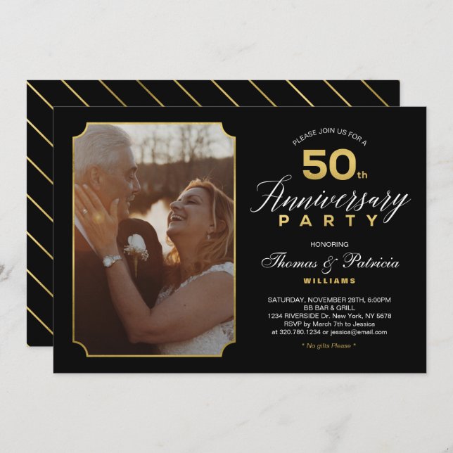 Gold 50th Mariage Anniversary Photo Invitation (Devant / Derrière)