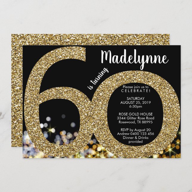 Gold 60th Birthday Invitation - 50th Invitation (Devant / Derrière)
