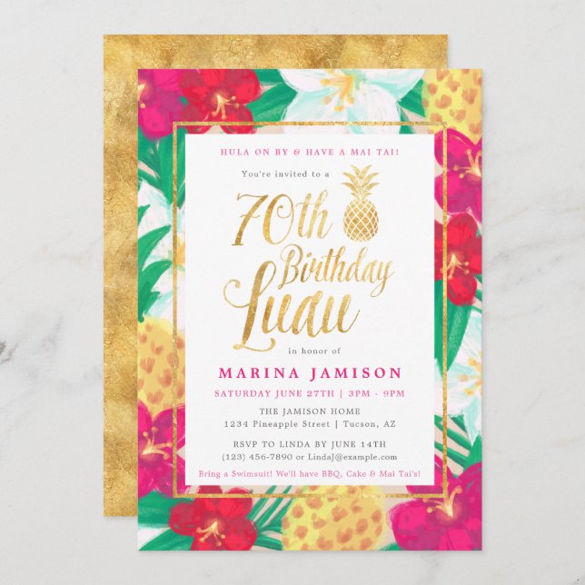 Gold 70e anniversaire Luau Party Invitations (Devant / Derrière)