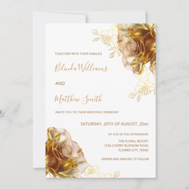 Gold AI Fleurs transparentes Roses Invitation blan (Devant)