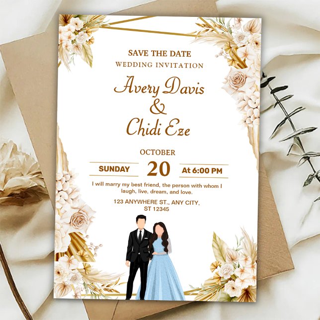 Gold and beige floral wedding invitation   (Créateur téléchargé)