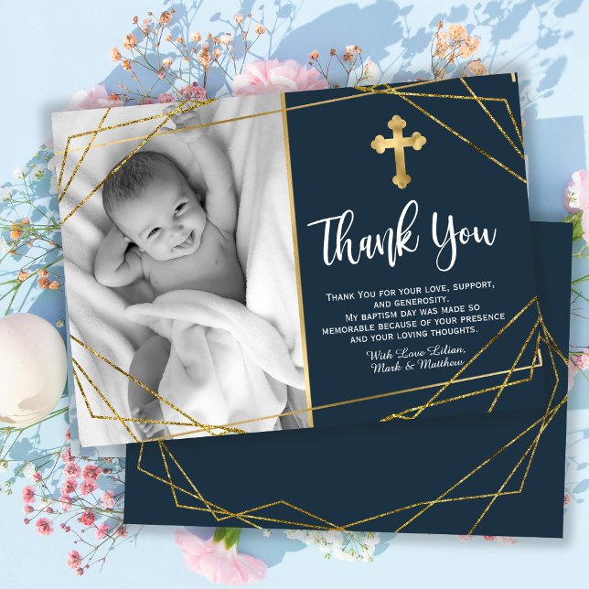 Gold and Navy Blue Baptism Merci Cartes (Créateur téléchargé)
