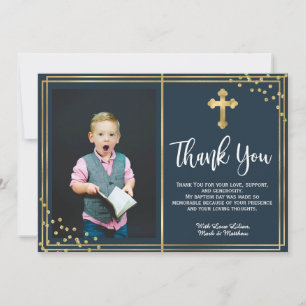 Gold and Navy Blue Baptism Merci Cartes