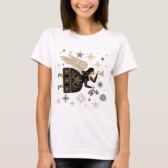 Gold Angel Stars Noël Carol Folkart T-shirt (Devant)