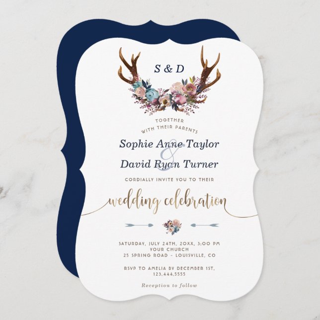 Gold Antlers Dusty Blue Floral Wedding Invitation (Devant / Derrière)