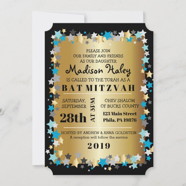 GOLD Aqua Gold Stars Bar Bat mitzvah Invitation (Devant)