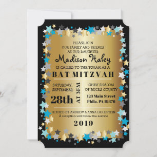 GOLD Aqua Gold Stars Bar Bat mitzvah Invitation