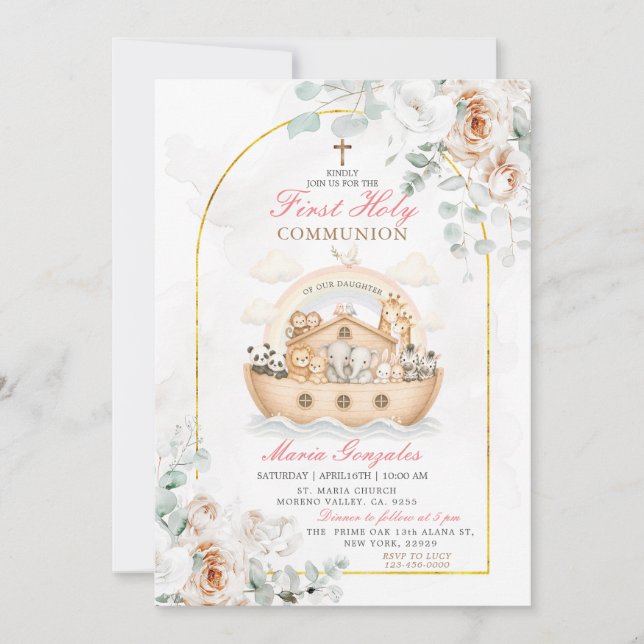 Gold Arch Floral Baptism Noah Ark Invitation  (Devant)