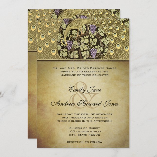 Gold Art Nouveau Peacock Birds Faire-part de maria (Devant / Derrière)