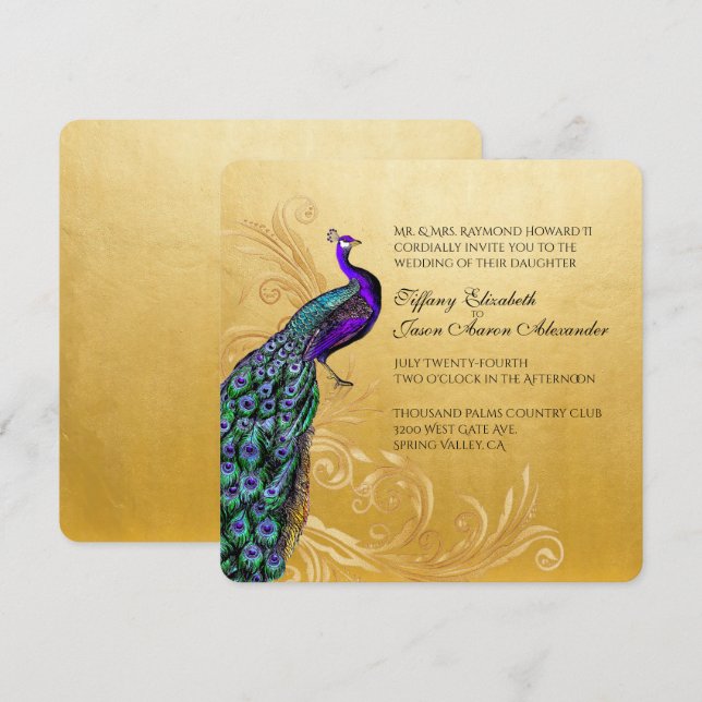 Gold avec Faire-part de mariage de Peacock (Devant / Derrière)