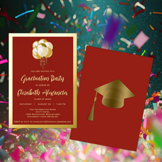 Gold Ballons Red Graduation Party Foil Invitation (Créateur téléchargé)