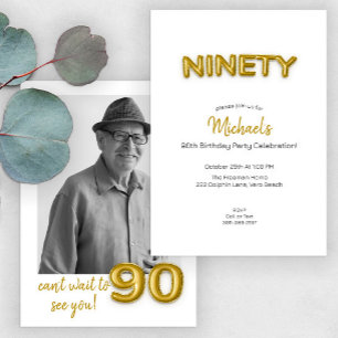 Gold Balloon 90th Birthday Photo Invitation