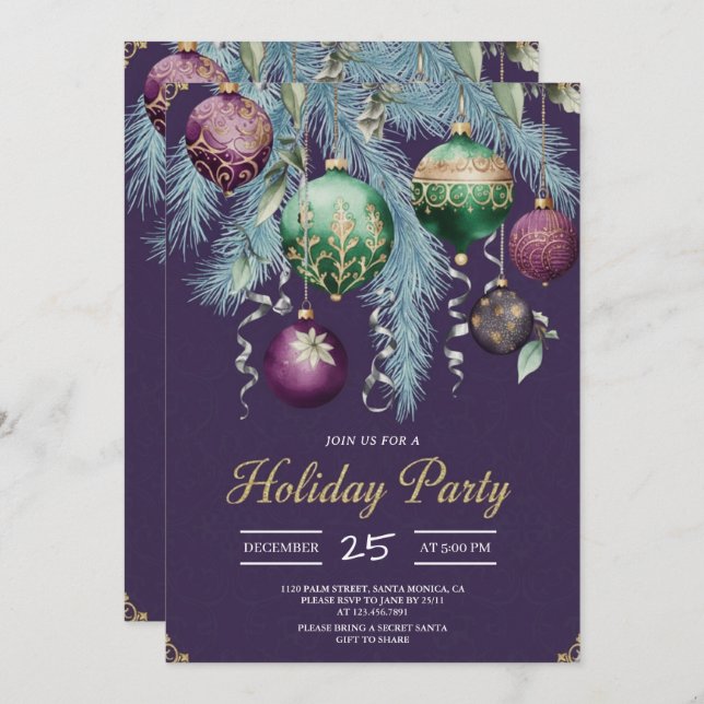Gold Baubles Christmas Tree Party Invitation (Devant / Derrière)
