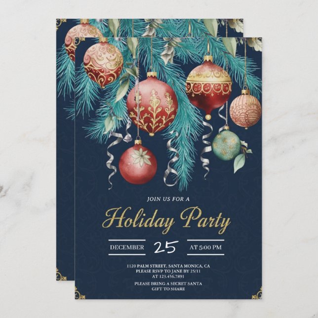 Gold Baubles Christmas Tree Party Invitation (Devant / Derrière)