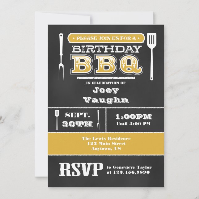 Gold BBQ Anniversaire Chalkboard Invitation (Devant)