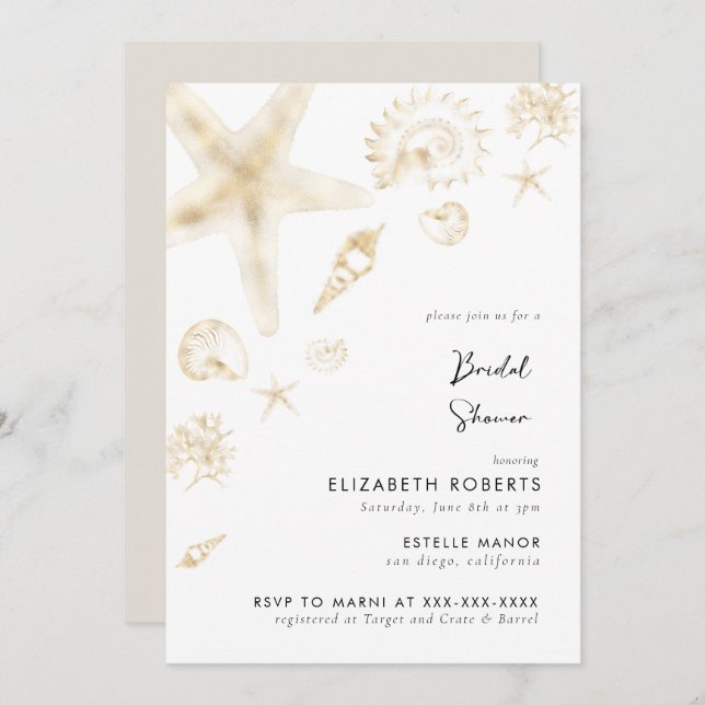 Gold Beach Mariage Mariée Brunch Shower Invitation (Devant / Derrière)