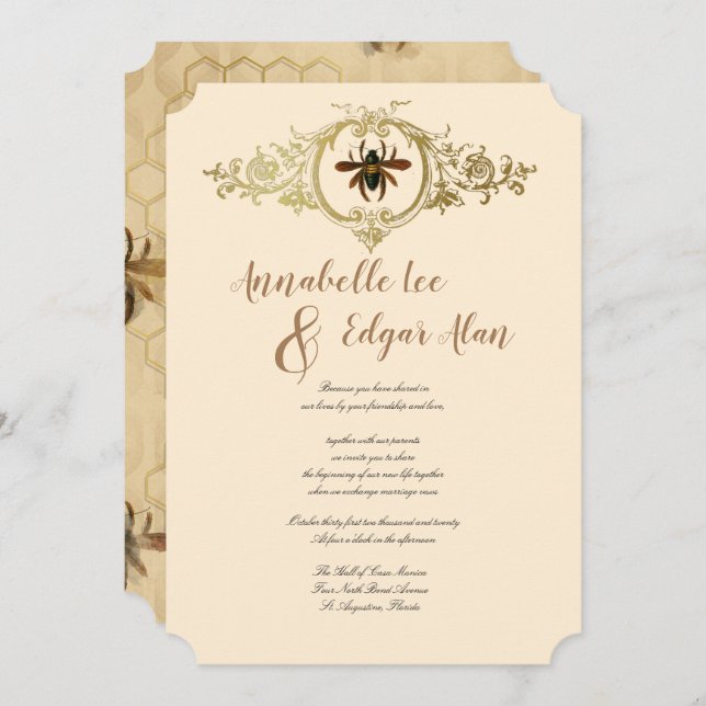 Gold Bee and Honeycomb Ornamental Invitation (Devant / Derrière)