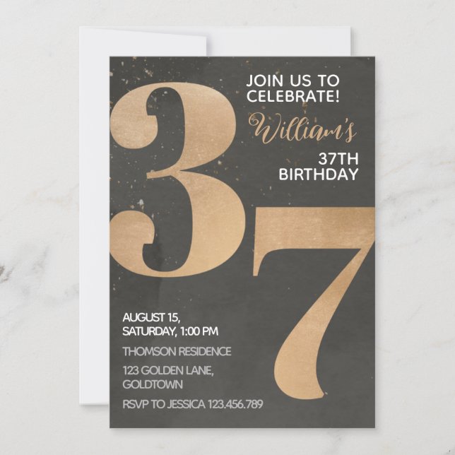 Gold Black 37th Birthday Invitation (Devant)