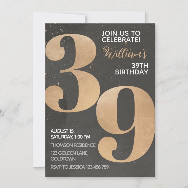 Gold Black 39th Birthday Invitation (Devant)
