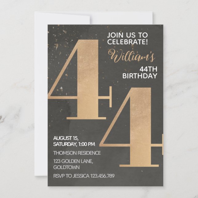 Gold Black 44th Birthday Invitation (Devant)