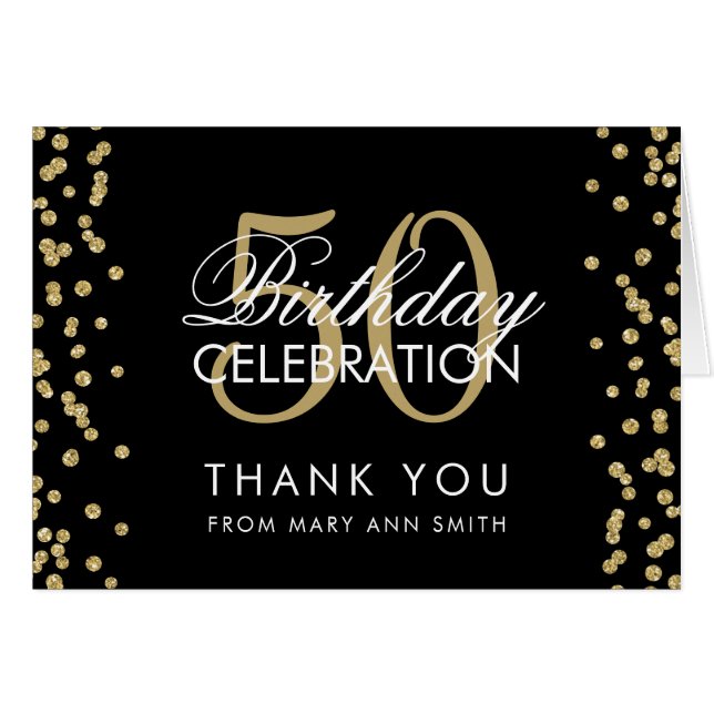 Gold Black 50 Birthday Merci Confetti (Devant horizontal)
