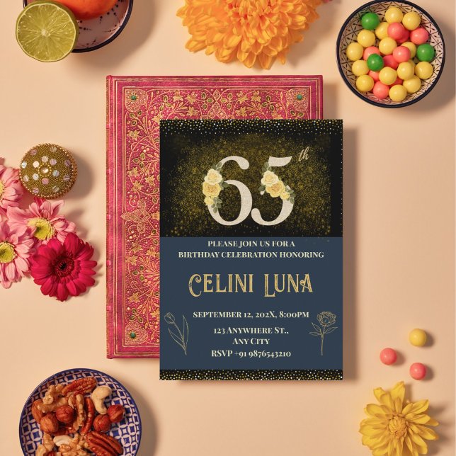 Gold & Black 61st-69th Birthday Party Invitations (Gold & Black 65th Birthday Invitations)