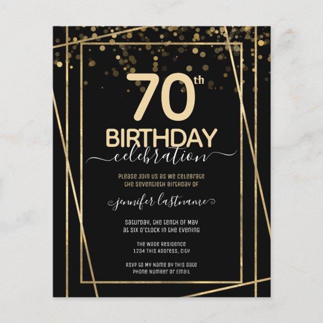 Gold Black 70e Anniversaire de fête Invitation bud (Devant)