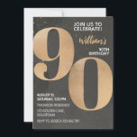 Gold Black 90th Birthday Invitation<br><div class="desc">Le design présente des graphismes en or noir des deux côtés. Parfait pour les hommes.</div>