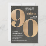 Gold Black 90th Birthday Invitation<br><div class="desc">Le design présente des graphismes en or noir des deux côtés. Parfait pour les hommes.</div>