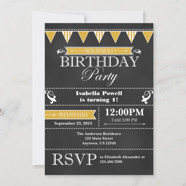 Gold Black Chalkboard Invitation Anniversaire (Devant)