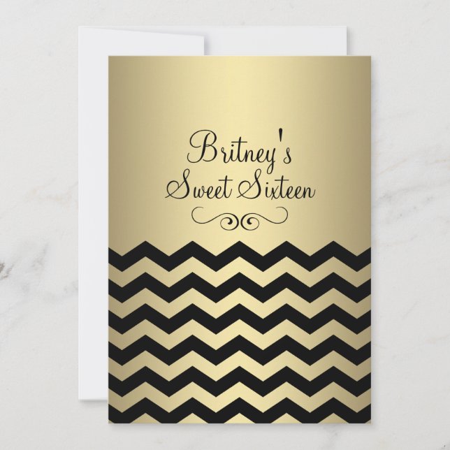 Gold & Black Chevron Sweet 16 Invitation d'anniver (Devant)