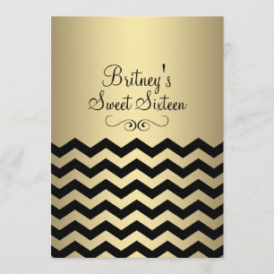 Gold & Black Chevron Sweet 16 Invitation d'anniver